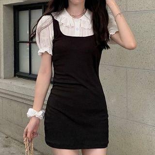 Mock Two-piece Short-sleeve Knit Dress Black & White - One Size