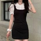 Mock Two-piece Short-sleeve Knit Dress Black & White - One Size