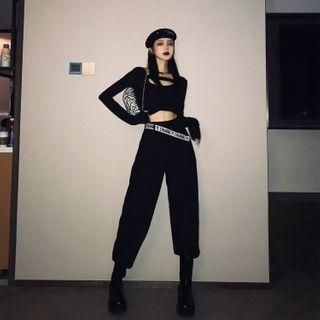 Lettering Strap Straight-cut Pants