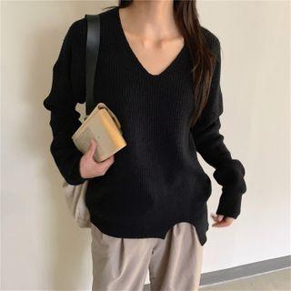 Long-sleeve V-neck Plain Knit Sweater
