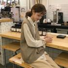 Plain V-neck Knit Vest / Plain Long-sleeve Loose-fit Shirt / Plain Loose-fit Pants