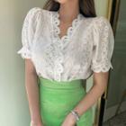 Puff-sleeve Scalloped Lace Blouse Ivory - One Size