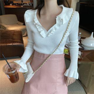 Long-sleeve Ruffled Open-collar Knit Top