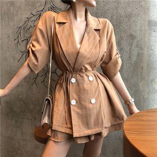 Set: Plaid Short-sleeve Double-breasted Blazer + Culottes
