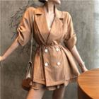 Set: Plaid Short-sleeve Double-breasted Blazer + Culottes