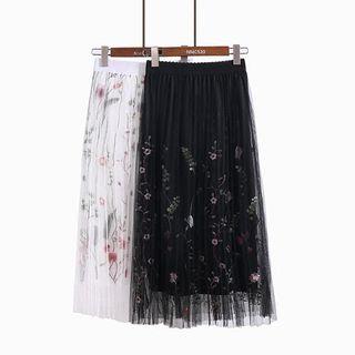 Flower-embroidered Pleated A-line Mesh Skirt
