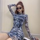 Long-sleeve Print Sheer Slim-fit Dress