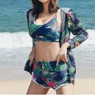 Set: Leaf Print Hooded Zip Jacket + Tankini Top + Swim Shorts