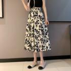 Floral Print Midi A-line Skirt Black Floral - Beige - One Size