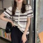 Short-sleeve Striped Knit Top Black & Gray Stripe - White - One Size