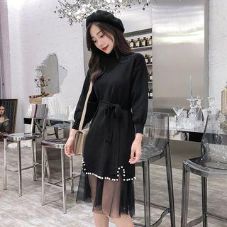 Set: Beaded Tie-waist Mini Sweater Dress + Midi A-line Mesh Skirt