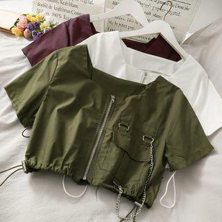 Drawstring-hem Zipper Crop Top With Chain
