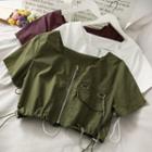 Drawstring-hem Zipper Crop Top With Chain