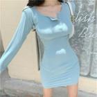 Plain Long-sleeve Slim-fit Dress Sky Blue - One Size