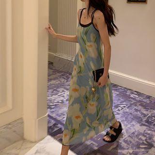 Set: Spaghetti Strap Floral Midi A-line Dress + Slipdress Blue - One Size