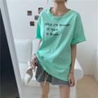 Lettering Short-sleeve T-shirt Mint Green - One Size