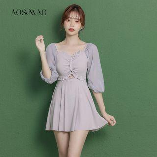 Elbow-sleeve Plain Swimdress
