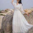 3/4-sleeve Fringed Lace Trim Midi A-line Dress