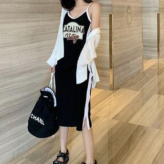 Spaghetti Strap Printed Contrast Trim Midi Dress / Long-sleeve Shirt