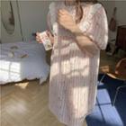 Puff-sleeve Striped Sleep Dress Pink & White - One Size