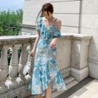 Asymmetric Ruffled Floral Print Midi A-line Dress