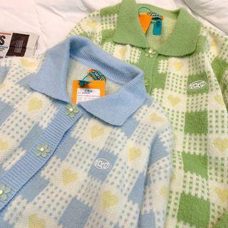 Checker Print Polo-neck Cardigan