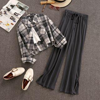 Set: Cropped Plaid Shirt + Tank Top + Wide-leg Pants