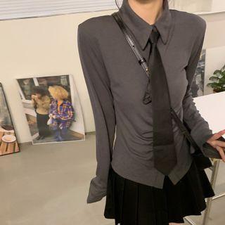 Plain Shirt / Neck Tie / Pleated A-line Skirt / Set