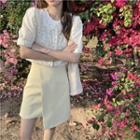 Short-sleeve Collar Floral Printed Blouse / Asymmetrical Mini Skirt