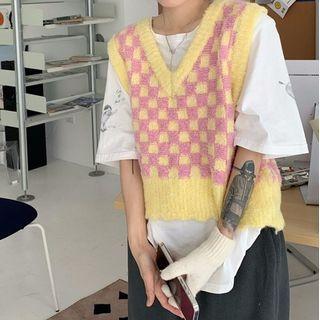 Checker Print Sweater Vest Yellow & Purple - One Size
