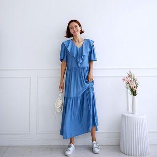 Ruffle-neck Tiered Long Dress