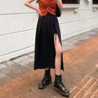 Sleeveless Striped Ruched Top / Slit Midi A-line Skirt