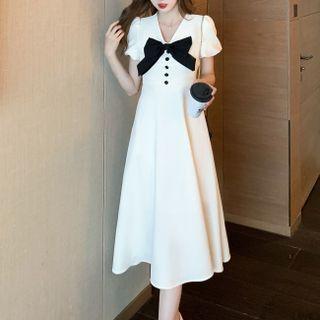 Puff-sleeve V-neck Bow Mini A-line Dress