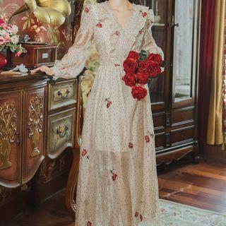 Long-sleeve Rose Print Dotted Maxi A-line Dress