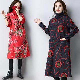 Turtleneck Flower Print Midi Long-sleeve Dress