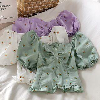 Floral Puff-sleeve Frilled Blouse