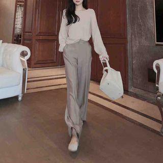 Set: Long-sleeve Plain Knit Top + Wide-leg Pants