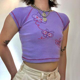 Short Sleeve Butterfly Embroidery Cropped Top