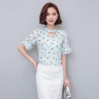 Printed Ruffle Trim Short-sleeve Top