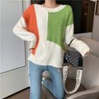 Long-sleeve Color Block Knit Top Green + Tangerine - One Size