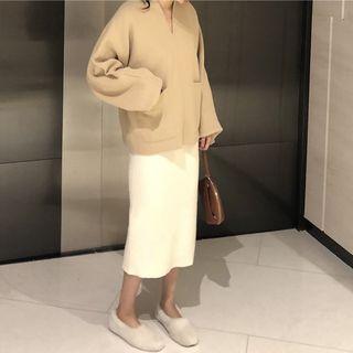 Faux Suede Sweatshirt/ Knit Midi H-line Skirt