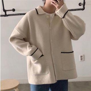 Contrast-trim Polo-collar Cardigan