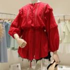 Long-sleeve Lace Trim Ruffled Buttoned Top Red - One Size