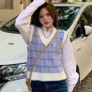 V-neck Plaid Knit Vest Vest - One Size