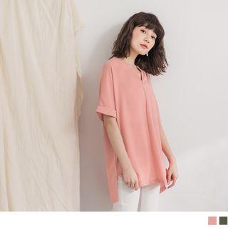 Notch Neck Cuffed Chiffon Top