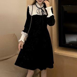 Long-sleeve Two-tone Velvet A-line Dress
