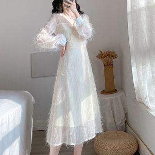 Balloon-sleeve Furry Midi A-line Dress