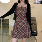 Strappy Plaid Mini A-line Dress / Cardigan