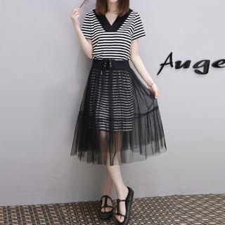 Set: Striped V-neck Short-sleeve T-shirt Dress + Mesh Midi Skirt