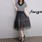 Set: Striped V-neck Short-sleeve T-shirt Dress + Mesh Midi Skirt